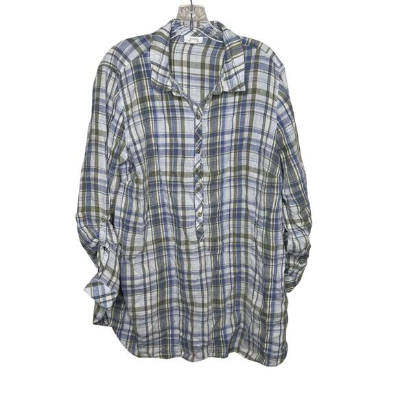 J.Jill Love Linen Plaid Button Front Shirt Women’s XL Tall 100% Linen Blue Green - Picture 1 of 8